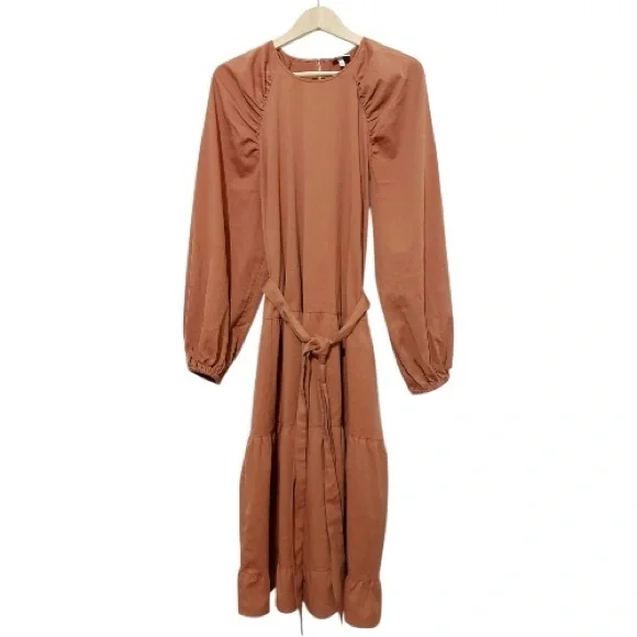 The Get Rust Tiered Midi Dress Long Puff Sleeve Belted Cotton Blend - Size Large - Picture 2 of 5
